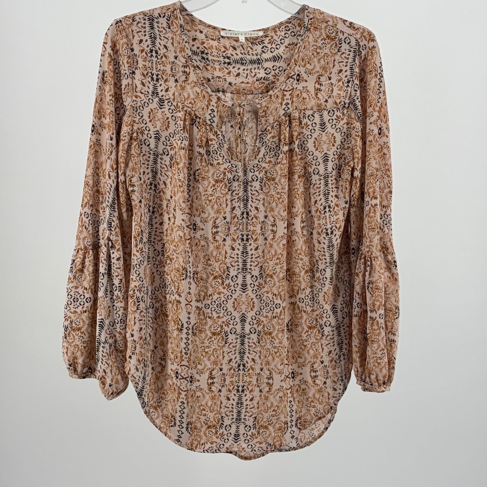 Violet + Claire Blouse Women Small Boho Folk Art Print Tie Neck Bell Sleeve Top